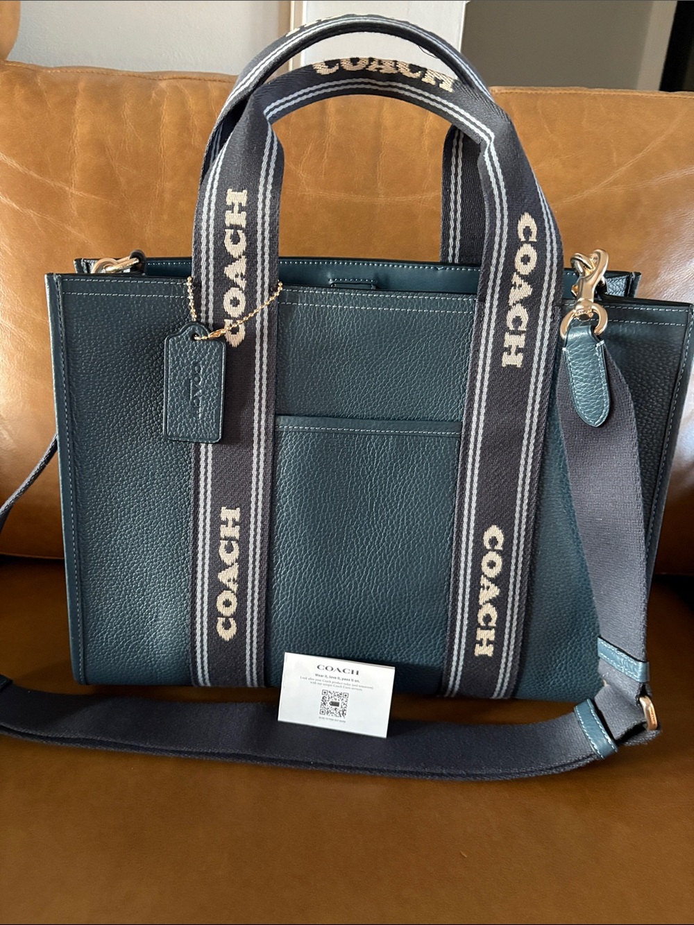 Coach Smith Tote Denim Colored Pebbled Leather Handles Adjustable Guitar Strap